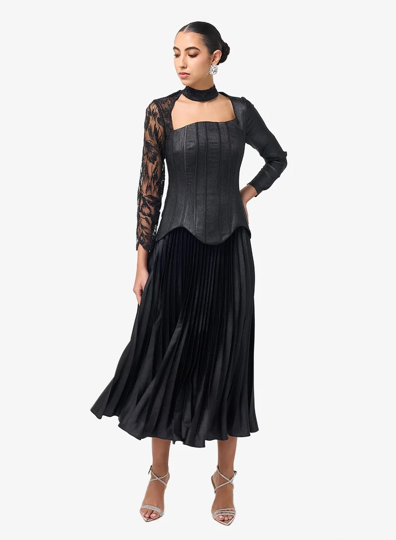 Threadz by Ajooni  Lace Detail Plisse Midi Dress for Women | Best Price UAE